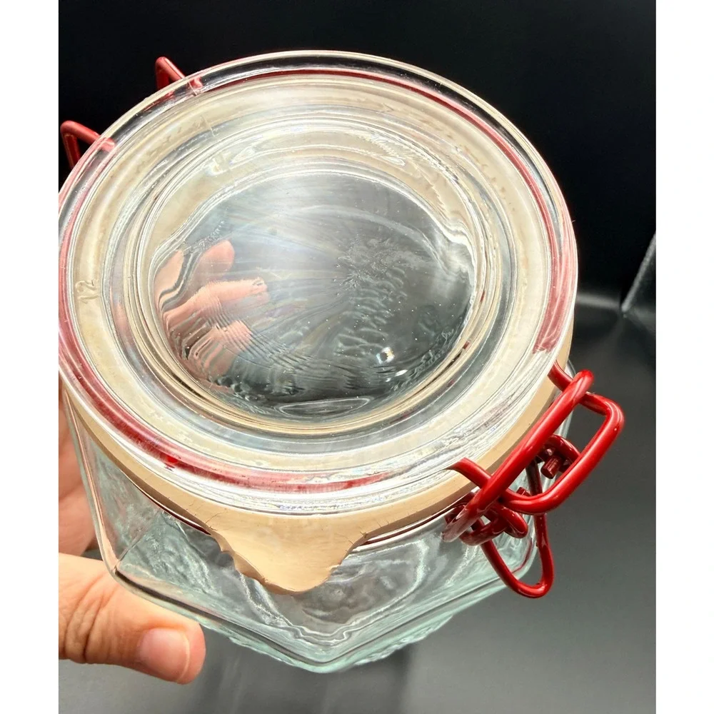 Vintage Glass Storage Jar Octagon Embossed Fruits Vegetable France Red Wire Bale